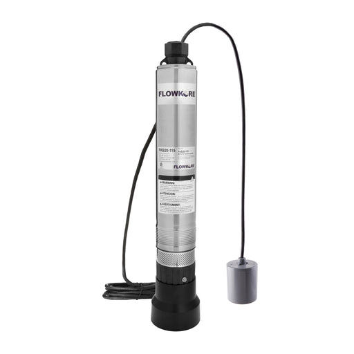 A FlowKore bottom-suction submersible water pump with a brushed silver cylindrical body, black base and top cap, attached black power cord, and a separate gray float valve, shown on a plain white background.
