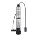 A FlowKore bottom-suction submersible water pump with a brushed silver cylindrical body, black base and top cap, attached black power cord, and a separate gray float valve, shown on a plain white background.