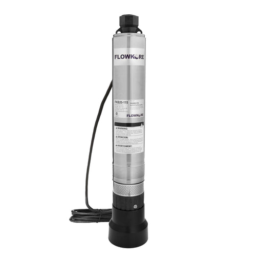 A FlowKore submersible water pump, bottom suction model, shown on a solid white background. The pump features a metallic silver cylindrical body with black plastic components, including the top cap, bottom base, and a coiled black power cord.