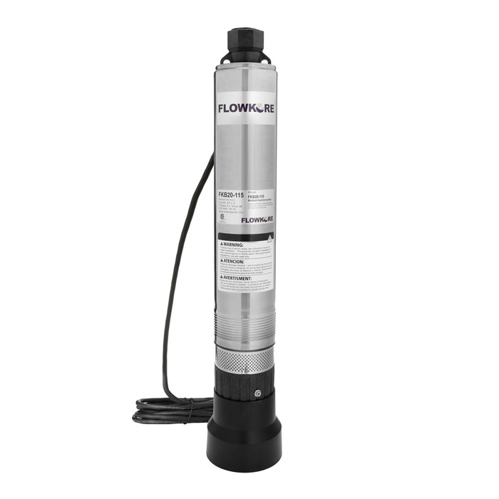A FlowKore submersible water pump, bottom suction model, shown on a solid white background. The pump features a metallic silver cylindrical body with black plastic components, including the top cap, bottom base, and a coiled black power cord.