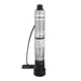 A FlowKore submersible water pump, bottom suction model, shown on a solid white background. The pump features a metallic silver cylindrical body with black plastic components, including the top cap, bottom base, and a coiled black power cord.