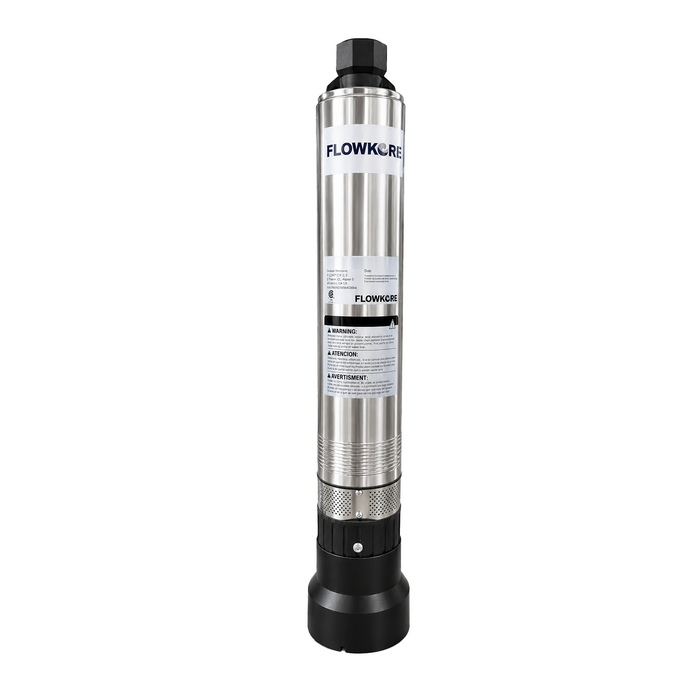 A vertical FlowKore bottom-suction water pump filter cartridge with a brushed stainless steel body and black plastic end caps, shown on a solid white background.