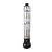 A vertical FlowKore bottom-suction water pump filter cartridge with a brushed stainless steel body and black plastic end caps, shown on a solid white background.
